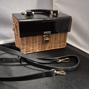ZARA basic Collection Elegant Black and Tan Wicker Handbag